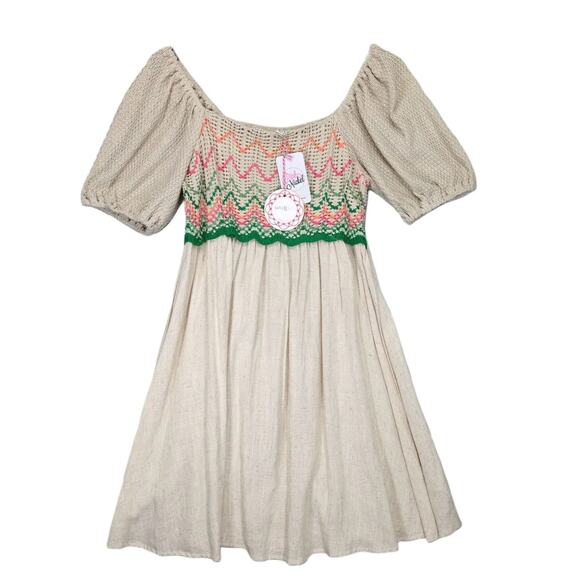 NWT Umgee Women's L Beige Crochet Puff Sleeve Smocked Linen Babydoll Dress Boho - Picture 2 of 9